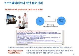 소프트웨어에서의 개인 정보 관리
9
TV
음성처리
서버
Voice
Channel Up
Movie Recommendation
"사용자가 나눈 개인적이거나 민감한 내용의 대화가 데이터로 저장된 뒤 제3자에게 전달될 수 있으니 주의하십시오"
2012년 스마트 TV, 음성인식 정보 암호화 처리 안 해 논란
Abuse Requirement
Threat Modeling
구현오류가 아니라, 요구사항 및 위협 모델링의 부실, 정보 3자 제공에 대한 인지 부족
네트워크를 통한 민감 데이터 유출을 사전에 정의 Test Case 개발
 