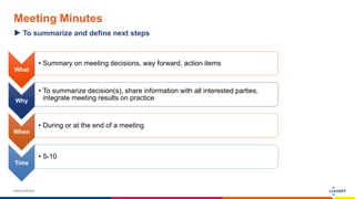 www.luxoft.com
Meeting Minutes
To summarize and define next steps
What
• Summary on meeting decisions, way forward, action...