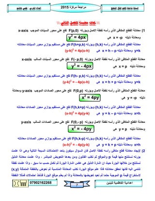 ‫مركزة‬ ‫مراجعة‬5102
07902162268
‫املنهج‬ ‫افكار‬ ‫الهم‬ ‫شاملة‬ ‫اسئلة‬‫املدرس‬ ‫اعداد‬/‫هاشم‬ ‫قصي‬
7
‫للبنين‬ ‫الكاظمية‬ ‫اعدادية‬
‫حملات‬‫مضيئ‬‫الثاني‬ ‫للفصل‬ ‫ة‬
0)‫وبؤرته‬ ‫االصل‬ ‫نقطة‬ ‫رأسه‬ ‫الذي‬ ‫المكافئ‬ ‫القطع‬ ‫معادلة‬F(p,0)‫الموجب‬ ‫السينات‬ ‫محور‬ ‫على‬ ‫تقع‬x-axis
‫دليله‬ ‫ومعادلة‬x = -p‫هي‬y2
= 4px
‫رأسه‬ ‫الذي‬ ‫المكافئ‬ ‫القطع‬ ‫معادلة‬(h,k)‫وبؤرته‬F(h+p,k)‫معادلته‬ ‫السينات‬ ‫محور‬ ‫يوازي‬ ‫مستقيم‬ ‫على‬ ‫تقع‬
y=k‫دليله‬ ‫ومعادلة‬x = h – p‫هي‬(y-k)2
= 4p(x-h)
‫وبؤرته‬ ‫االصل‬ ‫نقطة‬ ‫رأسه‬ ‫الذي‬ ‫المكافئ‬ ‫القطع‬ ‫معادلة‬F(- p,0)‫السالب‬ ‫السينات‬ ‫محور‬ ‫على‬ ‫تقع‬x-axis
‫دليله‬ ‫ومعادلة‬x = p‫هي‬y2
= - 4px
‫رأسه‬ ‫الذي‬ ‫المكافئ‬ ‫القطع‬ ‫معادلة‬(h,k)‫وبؤرته‬F(h- p,k)‫معادلته‬ ‫السينات‬ ‫محور‬ ‫يوازي‬ ‫مستقيم‬ ‫على‬ ‫تقع‬
y=k‫دليله‬ ‫ومعادلة‬x = h + p‫هي‬(y-k)2
= - 4p(x-h)
‫وبؤرته‬ ‫االصل‬ ‫نقطة‬ ‫رأسه‬ ‫الذي‬ ‫المكافئ‬ ‫القطع‬ ‫معادلة‬F(0,p)‫الموجب‬ ‫الصادات‬ ‫محور‬ ‫على‬ ‫تقع‬y-axis‫ومعادلة‬
‫دليله‬y = -p‫هي‬x2
= 4py
‫رأسه‬ ‫الذي‬ ‫المكافئ‬ ‫القطع‬ ‫معادلة‬(h,k)‫وبؤرته‬F(h,k+p)‫ت‬‫الصادات‬ ‫محور‬ ‫يوازي‬ ‫مستقيم‬ ‫على‬ ‫قع‬‫معادلته‬
x=h‫دليله‬ ‫ومعادلة‬y = k – p‫هي‬(x-h)2
= 4p(y-k)
‫وبؤرته‬ ‫االصل‬ ‫نقطة‬ ‫رأسه‬ ‫الذي‬ ‫المكافئ‬ ‫القطع‬ ‫معادلة‬F(0,- p)‫السالب‬ ‫الصادات‬ ‫محور‬ ‫على‬ ‫تقع‬y-axis
‫دليله‬ ‫ومعادلة‬y = p‫هي‬x2
= - 4py
‫رأسه‬ ‫الذي‬ ‫المكافئ‬ ‫القطع‬ ‫معادلة‬(h,k)‫وبؤرته‬F(h,k-p)‫معادلته‬ ‫الصادات‬ ‫محور‬ ‫يوازي‬ ‫مستقيم‬ ‫على‬ ‫تقع‬
x=h‫وم‬‫دليله‬ ‫عادلة‬y = k + p‫هي‬(x-h)2
= - 4p(y-k)
5)‫علمت‬ ‫اذا‬ ‫وهي‬ ‫التالية‬ ‫السبعة‬ ‫االحتماالت‬ ‫باحد‬ ‫سيكون‬ ‫السؤال‬ ‫فان‬ ‫االصل‬ ‫نقطة‬ ‫رأسه‬ ‫مكافئ‬ ‫قطع‬ ‫معادلة‬ ‫إليجاد‬
‫قيمة‬ ‫منها‬ ‫نستنتج‬ ‫بؤرته‬p‫والموقع‬‫المباشر‬ ‫التعويض‬ ‫بعدها‬ ‫ومن‬ ‫القانون‬ ‫نكتب‬ ‫ثم‬‫الدليل‬ ‫معادلة‬ ‫علمت‬ ‫واذا‬ ،
‫البؤرة‬ ‫خاللها‬ ‫من‬ ‫نستنتج‬‫البؤرة‬ ‫اشارة‬ ‫عكس‬ ‫هي‬ ‫الدليل‬ ‫اشارة‬ ‫ان‬ ‫حيث‬‫نقطة‬ ‫علمت‬ ‫واذا‬ ، ‫سبق‬ ‫ما‬ ‫حسب‬ ‫نكمل‬ ‫ثم‬
‫المتمثلة‬ ‫بالنقطة‬ ‫نعوض‬ ‫ثم‬ ‫المناسبة‬ ‫المعادلة‬ ‫نكتب‬ ‫البؤرة‬ ‫موقع‬ ‫علم‬ ‫فاذا‬ ‫معادلته‬ ‫تحقق‬ ‫فانها‬ ‫اليه‬ ‫تنتمي‬(x,y)
‫قيمة‬ ‫الستخراج‬p‫الموجبة‬‫النقطة‬ ‫فمثال‬ ‫احتماالت‬ ‫فنأخذ‬ ‫البؤرة‬ ‫موقع‬ ‫يعلم‬ ‫لم‬ ‫واذا‬ ‫بالمعادلة‬ ‫تعويضها‬ ‫نعيد‬ ‫ثم‬ ‫حتما‬
 