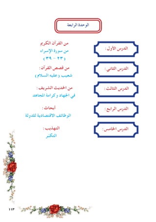 113
:‫األول‬ ‫الدرس‬
‫الكرمي‬ ‫القرآن‬ ‫من‬
‫اإلسراء‬ ‫سورة‬ ‫من‬
)39 - 23(
:‫الثاني‬ ‫الدرس‬:‫القرآن‬ ‫قصص‬ ‫من‬
)‫السالم‬ ‫(عليه‬ ‫شعيب‬
:‫الثالث‬ ‫الدرس‬:‫الشريف‬ ‫احلديث‬ ‫من‬
‫املجاهد‬ ‫وكرامة‬ ‫اجلهاد‬ ‫في‬
:‫الرابع‬ ‫الدرس‬:‫أبحاث‬
‫للدولة‬ ‫االقتصادية‬ ‫الوظائف‬
:‫اخلامس‬ ‫الدرس‬:‫التهذيب‬
‫ر‬ّ‫ب‬‫التك‬
‫الرابعة‬ ‫الوحدة‬
 