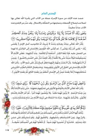 117
‫العام‬ ‫املعنى‬
‫بها‬ ‫تعالى‬ ‫اهلل‬ ‫يأمرنا‬ ‫التي‬ ‫اآلداب‬ ‫من‬ ‫جملة‬ ‫اإلسراء‬ ‫سورة‬ ‫من‬ ‫اآليات‬ ‫هذه‬ ‫ضمت‬
‫هذه‬ ‫اليلتزم‬ ‫من‬ ‫ر‬ّ‫حذ‬ ‫وقد‬ ، ‫واالنحالل‬ ‫ك‬ ّ‫التفك‬ ‫من‬ ‫وحمايتها‬ ‫اجملتمعات‬ ‫وصالح‬ ‫لصالحنـا‬
.ً‫ا‬‫عظيم‬ ً‫ا‬‫عذاب‬ ‫اآلداب‬
‫ﮣ‬‫ﮢ‬‫ﮡ‬ ‫ﮠ‬‫ﮟ‬‫ﮞ‬‫ﮝ‬ ‫ﮜ‬‫ﮛ‬‫ﮚ‬‫ﮙ‬‫ﮘ‬‫ﮗ‬
‫ﮱ‬‫ﮰ‬‫ﮯ‬‫ﮮ‬‫ﮭ‬‫ﮬ‬‫ﮫ‬‫ﮪ‬‫ﮩ‬‫ﮨ‬‫ﮧ‬‫ﮦ‬‫ﮥ‬‫ﮤ‬
‫ى‬ َ‫ض‬َ‫ق‬َ‫و‬ ( ‫اإلميان‬ ‫أصل‬ ‫فالتوحيد‬ ُ‫ه‬َ‫ل‬ َ‫يك‬ِ‫ر‬ َ‫ش‬ َ‫ال‬ ُ‫ه‬َ‫د‬ْ‫ح‬َ‫و‬ ِ‫ه‬ِ‫ت‬َ‫د‬‫ا‬َ‫ب‬ِ‫ع‬ِ‫ب‬ ُ‫ه‬َ‫د‬‫ا‬َ‫ب‬ِ‫ع‬ ‫ى‬َ‫ل‬‫ا‬َ‫ع‬َ‫ت‬ ُ‫اهلل‬ ُ‫ر‬ُ‫م‬ْ‫أ‬َ‫ي‬
‫لهما‬ ‫ملا‬ ِ‫ن‬ْ‫ي‬َ‫د‬ِ‫ل‬‫ا‬َ‫و‬‫ال‬ ‫ى‬َ‫ل‬ِ‫إ‬ ِ‫ان‬ َ‫س‬ْ‫ح‬ِ‫اإل‬ِ‫ب‬ َ‫ني‬ِ‫ن‬ِ‫م‬ْ‫ؤ‬ُ‫مل‬‫ا‬ ُ‫اهلل‬ ‫ى‬ َّ‫ص‬ْ‫و‬‫أ‬ ‫ثم‬ ، ) ‫ى‬ َّ‫ص‬َ‫و‬َ‫و‬ َ‫ك‬ُّ‫ب‬َ‫ر‬ َ‫ر‬َ‫م‬َ‫أ‬ ‫ي‬ِ‫ن‬ْ‫ع‬َ‫ي‬ - َ‫ك‬ُّ‫ب‬َ‫ر‬
َّ‫ال‬َ‫أ‬ ِ‫َاء‬‫ن‬ْ‫ب‬َ‫األ‬ ‫ى‬َ‫ل‬َ‫ع‬َ‫ف‬ ، ‫ا‬َ‫م‬ِ‫ه‬ِ‫ئ‬‫َا‬‫ن‬ْ‫ب‬َ‫أ‬ َ‫د‬ْ‫ن‬ِ‫ع‬ ، ‫ا‬َ‫م‬ُ‫ه‬َ‫ال‬ِ‫ك‬ ْ‫و‬َ‫أ‬ ‫ا‬َ‫م‬ُ‫ه‬ُ‫د‬َ‫ح‬َ‫أ‬ ، َ‫ر‬َ‫ب‬ِ‫الك‬ ‫ا‬َ‫غ‬َ‫ل‬َ‫ب‬ ‫ا‬َ‫ذ‬ِ‫إ‬َ‫ف‬ ،‫عليه‬ ‫الفضل‬ ‫من‬
ُ‫ب‬ ِ‫ج‬َ‫ي‬َ‫و‬ ، ) ِ‫يق‬ ِّ‫الض‬َ‫و‬ ِ‫ر‬ َ‫ج‬ َّ‫الض‬ ‫ى‬َ‫ل‬َ‫ع‬ ُّ‫ل‬ُ‫د‬َ‫ت‬ ٌ‫ة‬َ‫م‬ِ‫ل‬َ‫ك‬ ٍّ‫ف‬ُ‫أ‬َ‫و‬ ( ً‫ا‬‫ف‬ُّ‫ف‬َ‫َأ‬‫ت‬َ‫ال‬َ‫و‬ ‫َّى‬‫ت‬َ‫ح‬ ً‫ا‬‫ئ‬ِّ‫ي‬ َ‫س‬ً‫ال‬ْ‫و‬َ‫ق‬ ‫ا‬َ‫م‬ُ‫ه‬‫و‬ُ‫ع‬ِ‫م‬ ْ‫س‬ُ‫ي‬
ُ‫اهلل‬ َ‫ر‬َ‫م‬َ‫أ‬َ‫و‬ . ِ‫ب‬َ‫د‬َ‫األ‬ ِ‫وء‬ ُ‫س‬ ‫ى‬َ‫ل‬َ‫ع‬ ُّ‫ل‬ُ‫د‬َ‫ي‬ ٌ‫يح‬ِ‫ب‬َ‫ق‬ ٌ‫ل‬ْ‫ع‬ِ‫ف‬ ‫ا‬َ‫م‬ِ‫ه‬ْ‫ي‬َ‫ل‬ِ‫إ‬ ْ‫م‬ُ‫ْه‬‫ن‬ِ‫م‬َ‫ر‬ُ‫د‬ ْ‫ص‬َ‫ي‬َ‫ال‬ ْ‫ن‬َ‫أ‬َ‫و‬ ، ‫ا‬َ‫م‬ُ‫ه‬‫و‬ُ‫ر‬ِ‫َه‬‫ت‬ْ‫ن‬َ‫ي‬َ‫ال‬ ْ‫ن‬َ‫أ‬
‫ي‬ِ‫ف‬ِ‫مي‬ِ‫ر‬َ‫الك‬ ِ‫ب‬ِّ‫ي‬ َّ‫الط‬ ِ‫م‬َ‫ال‬َ‫الك‬ ِ‫ال‬َ‫م‬ْ‫ع‬ِ‫ت‬ ْ‫اس‬ِ‫ب‬َ‫و‬،‫ا‬َ‫م‬ِ‫ه‬ِ‫ير‬ِ‫ق‬ْ‫و‬َ‫ت‬َ‫و‬ ِ‫ن‬ْ‫ي‬َ‫و‬َ‫ب‬َ‫األ‬‫لى‬ِ‫إ‬ ِ‫ل‬ْ‫و‬َ‫ق‬‫ال‬‫ي‬ِ‫ف‬ ِ‫ان‬ َ‫س‬ْ‫ح‬ِ‫اإل‬ِ‫ب‬َ‫ء‬‫َا‬‫ن‬ْ‫ب‬َ‫األ‬
. ) ِ‫ن‬ْ‫ي‬َ‫و‬َ‫ب‬َ‫األ‬ ِ‫ة‬َ‫م‬ْ‫ع‬ِ‫ن‬ َّ‫م‬ُ‫ث‬ ِ‫ق‬ِ‫ل‬‫ا‬َ‫خل‬‫ا‬ ِ‫ة‬َ‫م‬ْ‫ع‬ِ‫ن‬ ْ‫ن‬ِ‫م‬ ُ‫م‬ َ‫ظ‬ْ‫ع‬َ‫أ‬ ِ‫ان‬ َ‫ْس‬‫ن‬ِ‫اإل‬ ‫ى‬َ‫ل‬ِ‫إ‬ ُ‫ل‬ ِ‫َص‬‫ت‬ َ‫ة‬َ‫م‬ْ‫ع‬ِ‫ن‬َ‫ال‬َ‫ف‬ ( ‫ا‬َ‫م‬ِ‫ه‬ِ‫ت‬َ‫ب‬ َ‫اط‬ َ‫خ‬ُ‫م‬
‫ﯟ‬‫ﯞ‬ ‫ﯝ‬ ‫ﯜ‬‫ﯛ‬‫ﯚ‬‫ﯙ‬‫ﯘ‬‫ﯗ‬‫ﯖ‬‫ﯕ‬‫ﯔ‬ ‫ﯓ‬
ُ‫ء‬َّ‫ال‬ِ‫ذ‬َ‫أ‬ َ‫ء‬‫َا‬‫ن‬ْ‫ب‬َ‫األ‬ ‫و‬ُ‫د‬ْ‫ب‬َ‫ي‬ ‫َّى‬‫ت‬َ‫ح‬ ، ‫ا‬ُ‫م‬َ‫ه‬َ‫ع‬َ‫م‬ ْ‫م‬ِ‫ه‬ِ‫ف‬ُّ‫ر‬ َ‫َص‬‫ت‬ ‫ي‬ِ‫ف‬ ِ‫ن‬ْ‫ي‬َ‫و‬َ‫ب‬َ‫لأل‬ ِ‫ع‬ ُ‫اض‬َ‫و‬َّ‫ت‬‫ال‬ِ‫ب‬ َ‫ء‬‫َا‬‫ن‬ْ‫ب‬َ‫األ‬ ‫ى‬َ‫ل‬‫ا‬َ‫ع‬َ‫ت‬ ُ‫اهلل‬ َ‫ر‬َ‫م‬َ‫أ‬َ‫و‬
ِ‫اء‬َ‫ع‬ُّ‫د‬‫ال‬ِ‫ب‬ َ‫ء‬‫َا‬‫ن‬ْ‫ب‬َ‫األ‬ َ‫ر‬ْ‫م‬َ‫أ‬ َّ‫م‬ُ‫ث‬ . ً‫ا‬‫ر‬ْ‫م‬َ‫أ‬ ‫ا‬َ‫م‬ُ‫ه‬َ‫ل‬ َ‫ن‬‫و‬ ُ‫ض‬ُ‫ف‬ْ‫ر‬َ‫ي‬ َ‫ال‬َ‫و‬ ، ً‫ا‬‫ب‬َ‫ل‬ َ‫ط‬ ‫ا‬َ‫م‬ُ‫ه‬َ‫ل‬ َ‫ن‬‫و‬ُّ‫د‬ُ‫ر‬َ‫ي‬ َ‫ال‬ ، ِ‫ة‬َ‫م‬ْ‫ح‬َّ‫ر‬‫ال‬ ِ‫ة‬َّ‫د‬ ِ‫ش‬ ْ‫ن‬ِ‫م‬
. ٍ‫َت‬‫ن‬َ‫ع‬َ‫و‬ ٍ‫ة‬َّ‫ق‬ َ‫ش‬َ‫م‬َ‫و‬ ٍ‫َاء‬‫ن‬َ‫ع‬ ْ‫ن‬ِ‫م‬ ِ‫َاء‬‫ن‬ْ‫ب‬َ‫األ‬ ِ‫ة‬َ‫ي‬ِ‫ب‬ْ‫ر‬َ‫ت‬ ‫ي‬ِ‫ف‬ ‫ه‬َ‫ال‬َ‫م‬َ‫ت‬ْ‫اح‬ ‫ا‬َ‫م‬ َ‫ء‬‫ا‬َ‫ز‬َ‫ج‬ ، ‫ا‬َ‫م‬ِ‫ه‬ْ‫ي‬َ‫ل‬َ‫ع‬ ْ‫م‬ُّ‫ح‬َ‫ر‬َّ‫ت‬‫ال‬َ‫و‬ ، ِ‫ن‬ْ‫ي‬َ‫و‬َ‫ب‬َ‫أل‬ِ‫ل‬
‫ﯭ‬‫ﯬ‬ ‫ﯫ‬‫ﯪ‬‫ﯩ‬‫ﯨ‬‫ﯧ‬‫ﯦ‬‫ﯥ‬‫ﯤ‬‫ﯣ‬‫ﯢ‬‫ﯡ‬‫ﯠ‬
ْ‫م‬ُ‫ك‬ِ‫ت‬‫ا‬َ‫ه‬َ‫م‬ُ‫أ‬َ‫و‬ ْ‫م‬ُ‫ك‬ِ‫ئ‬‫ا‬َ‫ب‬‫آ‬َ‫ر‬ْ‫م‬َ‫أ‬ ْ‫م‬ُ‫ك‬ِ‫يم‬ ِ‫ظ‬ْ‫ع‬َ‫ت‬ ْ‫ن‬ِ‫م‬ ْ‫م‬ُ‫ك‬ ِ‫وس‬ُ‫ف‬ُ‫ن‬‫ي‬ِ‫ف‬‫ا‬َِ‫بم‬ ْ‫م‬ُ‫ْك‬‫ن‬ِ‫م‬ ُ‫م‬َ‫ل‬ْ‫ع‬َ‫أ‬ ُ‫َّاس‬‫ن‬‫ال‬‫ها‬ُّ‫ي‬َ‫أ‬ ْ‫م‬ُ‫ك‬ُّ‫ب‬َ‫ر‬
ِ‫ن‬ َ‫س‬َ‫ح‬ ‫ى‬َ‫ل‬َ‫ع‬ ْ‫م‬ُ‫يك‬ِ‫از‬ َ‫ج‬ُ‫م‬ َ‫و‬ُ‫ه‬َ‫و‬ ، ْ‫م‬ُ‫ه‬َ‫ل‬ ِ‫وق‬ُ‫ق‬ُ‫الع‬َ‫و‬ ، ْ‫م‬ِ‫ه‬ِ‫ق‬‫و‬ُ‫ق‬ ُ‫ح‬ِ‫ب‬ ِ‫اف‬َ‫ف‬ ْ‫خ‬ِ‫ت‬ ْ‫االس‬ َ‫ن‬ِ‫م‬َ‫و‬ ، ْ‫م‬ِ‫ه‬ِ‫ب‬ ِّ‫ر‬ِ‫الب‬َ‫و‬ ،
، ً‫ا‬‫وقــ‬ُ‫ق‬ُ‫ع‬ ْ‫م‬ُ‫ك‬ ِ‫س‬ُ‫ف‬ْ‫ن‬َ‫أ‬ ‫ي‬ِ‫ف‬ ْ‫م‬ُ‫ه‬َ‫ل‬ ‫وا‬ُ‫ل‬َ‫ع‬َْ‫تج‬ ْ‫و‬َ‫أ‬ ، ً‫ا‬‫وء‬ ُ‫س‬ ْ‫م‬ُ‫ه‬َ‫ل‬ ‫روا‬ِ‫م‬ ْ‫ُض‬‫ت‬ ْ‫ن‬َ‫أ‬ ‫وا‬ُ‫ر‬َ‫ذ‬ْ‫اح‬َ‫ف‬ ، ِ‫ه‬ِ‫ئ‬ِّ‫ي‬ َ‫س‬َ‫و‬ َ‫ك‬ِ‫ل‬‫ذ‬
 