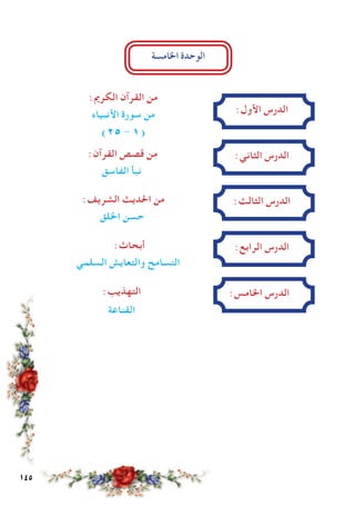 145
:‫األول‬ ‫الدرس‬
:‫الكرمي‬ ‫القرآن‬ ‫من‬
‫األنبياء‬ ‫سورة‬ ‫من‬
)25 - 1(
:‫الثاني‬ ‫الدرس‬:‫القرآن‬ ‫قصص‬ ‫من‬
‫الفاسق‬ ‫نبأ‬
:‫الثالث‬ ‫الدرس‬:‫الشريف‬ ‫احلديث‬ ‫من‬
‫اخللق‬ ‫حسن‬
:‫الرابع‬ ‫الدرس‬:‫أبحاث‬
‫السلمي‬ ‫والتعايش‬ ‫التسامح‬
:‫اخلامس‬ ‫الدرس‬:‫التهذيب‬
‫القناعة‬
‫اخلامسة‬ ‫الوحدة‬
 