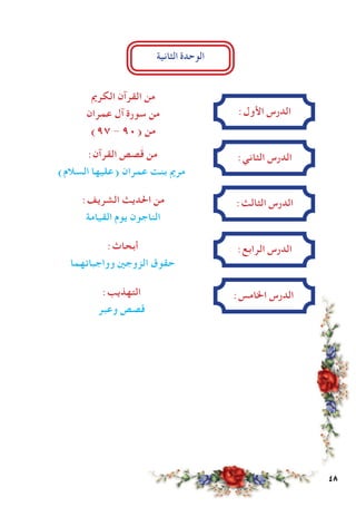 48
:‫األول‬ ‫الدرس‬
‫الكرمي‬ ‫القرآن‬ ‫من‬
‫عمران‬ ‫آل‬ ‫سورة‬ ‫من‬
)97 - 90( ‫من‬
:‫الثاني‬ ‫الدرس‬:‫القرآن‬ ‫صص‬َ‫ق‬ ‫من‬
)‫السالم‬ ‫(عليها‬ ‫عمران‬ ‫بنت‬ ‫مرمي‬
:‫الثالث‬ ‫الدرس‬:‫الشريف‬ ‫احلديث‬ ‫من‬
‫القيامة‬ ‫يوم‬ ‫الناجون‬
:‫الرابع‬ ‫الدرس‬:‫أبحاث‬
‫وواجباتهما‬ ‫الزوجني‬ ‫حقوق‬
:‫اخلامس‬ ‫الدرس‬:‫التهذيب‬
‫وعبر‬ ‫قصص‬
‫الثانية‬ ‫الوحدة‬
 