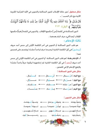 ‫الكرمية‬ ‫القرآنية‬ ‫اآلية‬ ‫في‬ ‫والتنوين‬ ‫الساكنة‬ ‫للنون‬ ‫اإلقـالب‬ ‫حالة‬ ‫:عني‬ ‫محلول‬ ‫مثال‬
‫ـ‬ : ‫السبب‬ ‫ذكر‬ ‫مع‬ ‫اآلتية‬
‫ﮜ‬ ‫ﮛ‬ ‫ﮚ‬ ‫ﮙ‬ ‫ﮘ‬ ‫ﮗ‬ ‫ﮖ‬ ‫ﮕ‬ ‫ﮔ‬ ‫ﮓ‬ ‫ﮒ‬ ‫ﮑ‬‫ﱫ‬‫ﭨ‬‫ﭧ‬
٢١٣ :‫البقرة‬ ‫ﱪ‬‫ﮟ‬‫ﮞ‬‫ﮝ‬
‫حكمها‬)ً‫ا‬‫(بغي‬‫كلمة‬‫في‬‫والتنوين‬،‫اإلقالب‬‫حكمها‬)‫(من‬‫كلمة‬‫في‬‫الساكنة‬‫النون‬
. ‫بعدهما‬ ‫الباء‬ ‫حرف‬ ‫جمليء‬ ‫أيضا‬ ‫اإلقالب‬
: ‫اإلدغام‬ :‫ثالثا‬
‫حروف‬ ‫أحد‬ ‫جنس‬ ‫إلى‬ ‫األولى‬ ‫الكلمة‬ ‫آخر‬ ‫في‬ ‫التنوين‬ ‫أو‬ ‫الساكنة‬ ‫النون‬ ‫قلب‬ ‫هو‬
‫قسمني‬ ‫على‬ ‫ويقسم‬ ‫دا‬ََ‫د‬‫مش‬ً‫ا‬‫واحد‬ ‫حرفـا‬ ‫ليصبحا‬ ‫الثانية‬ ‫الكلمة‬ ‫أول‬ ‫في‬ )‫(يرملـون‬
: ‫هما‬
‫جنس‬ ‫إلى‬ ‫األولى‬ ‫الكلمة‬ ‫آخر‬ ‫في‬ ‫التنوين‬ ‫أو‬ ‫الساكنة‬ ‫النون‬ ‫قلب‬ ‫:هو‬ ‫بغنة‬ ‫اإلدغام‬ ‫ـ‬ ‫أ‬
‫دا‬ّ‫مشد‬ ً‫ا‬‫واحد‬ ً‫ا‬‫حرف‬ ‫ليكونا‬ ‫إدغامهما‬ ‫ثم‬ ‫الثانية‬ ‫الكلمة‬ ‫أول‬ ‫في‬ ) ‫(ينمو‬ ‫حروف‬ ‫أحد‬
. ‫كلمتني‬ ‫في‬ ‫اإل‬ ‫اإلدغام‬ ‫واليقع‬
: ‫الساكنة‬ ‫النون‬ ‫على‬ ‫مثال‬
. ‫نـال‬َّ‫ليــــ‬ ‫يـــنال‬ ْ‫ي‬َ‫ل‬ ‫يـــنال‬ ْ‫ن‬‫ل‬ : ‫الياء‬ ‫مع‬
. ‫ال‬ّ‫و‬‫مــــــ‬ ‫وال‬ْ‫و‬‫مــــ‬ ‫وال‬ ْ‫ن‬‫مـــ‬ : ‫الواو‬ ‫مع‬
. ‫شـاء‬ّ‫منــ‬ ‫منــنشاء‬ ‫نشاء‬ْ ‫من‬ : ‫النون‬ ‫مع‬
.‫ء‬ ‫ـــــا‬ّ‫مـم‬ ‫مـاء‬ ْ‫ـم‬ِ‫م‬ ‫مــاء‬ ْ‫ن‬‫مـ‬ : ‫امليم‬ ‫مع‬
: ‫التنوين‬ ‫على‬ ‫مثال‬
.‫ــومئـذ‬ّ‫ي‬ ُ‫ه‬‫وجــو‬ ٍ‫ذ‬‫مئ‬ ‫يـو‬ ْ‫ي‬َ‫ه‬‫وجو‬ ‫يومئذ‬ ٌ‫ه‬‫وجو‬
.‫َّـصوحـا‬‫ن‬ ‫تـــوبة‬ ‫نصوحـا‬ ْ‫ن‬‫ُـ‬‫ت‬‫توب‬ ‫نصوحـا‬ ٌ‫ة‬‫توب‬
. ‫ـــهـيــن‬َّ‫م‬ ِ‫مــاء‬ ‫ـهني‬َ‫م‬ ْ‫م‬‫مـــاء‬ ‫هيــن‬َ‫م‬ ٍ‫مــاء‬
.‫دود‬َّ‫و‬ ُ ‫رحــــيــــم‬ ‫ودود‬ْ‫و‬‫ـ‬ُ‫رحيم‬ ‫ودود‬ ُ‫رحيم‬
 