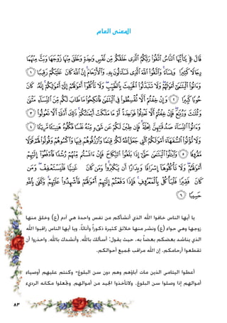 83
‫العام‬ ‫املعنى‬
‫ﭞ‬‫ﭝ‬‫ﭜ‬ ‫ﭛ‬‫ﭚ‬‫ﭙ‬‫ﭘ‬‫ﭗ‬‫ﭖ‬‫ﭕ‬‫ﭔ‬‫ﭓ‬‫ﭒ‬‫ﭑ‬‫ﱫ‬‫ﭧ‬
‫ﭯ‬‫ﭮ‬‫ﭭ‬ ‫ﭬ‬‫ﭫ‬‫ﭪ‬‫ﭩ‬‫ﭨ‬ ‫ﭧ‬‫ﭦ‬‫ﭥ‬‫ﭤ‬‫ﭣ‬‫ﭢ‬‫ﭡ‬ ‫ﭠ‬‫ﭟ‬
‫ﮀ‬ ‫ﭿ‬‫ﭾ‬‫ﭽ‬‫ﭼ‬‫ﭻ‬‫ﭺ‬ ‫ﭹ‬‫ﭸ‬‫ﭷ‬‫ﭶ‬‫ﭵ‬ ‫ﭴ‬ ‫ﭳ‬‫ﭲ‬‫ﭱ‬‫ﭰ‬
‫ﮐ‬‫ﮏ‬‫ﮎ‬‫ﮍ‬‫ﮌ‬‫ﮋ‬ ‫ﮊ‬‫ﮉ‬‫ﮈ‬‫ﮇ‬‫ﮆ‬‫ﮅ‬‫ﮄ‬‫ﮃ‬ ‫ﮂ‬‫ﮁ‬
‫ﮢ‬‫ﮡ‬‫ﮠ‬‫ﮟ‬‫ﮞ‬‫ﮝ‬‫ﮜ‬‫ﮛ‬‫ﮚ‬‫ﮙ‬‫ﮘ‬ ‫ﮗ‬‫ﮖ‬‫ﮕ‬‫ﮔ‬‫ﮓ‬‫ﮒ‬‫ﮑ‬
‫ﯓ‬‫ﮱ‬‫ﮰ‬ ‫ﮯ‬‫ﮮ‬‫ﮭ‬‫ﮬ‬‫ﮫ‬‫ﮪ‬‫ﮩ‬‫ﮨ‬‫ﮧ‬‫ﮦ‬‫ﮥ‬‫ﮤ‬ ‫ﮣ‬
‫ﯢ‬‫ﯡ‬‫ﯠ‬‫ﯟ‬‫ﯞ‬‫ﯝ‬‫ﯜ‬ ‫ﯛ‬‫ﯚ‬‫ﯙ‬ ‫ﯘ‬‫ﯗ‬‫ﯖ‬‫ﯕ‬‫ﯔ‬
‫ﯰ‬ ‫ﯯ‬‫ﯮ‬‫ﯭ‬‫ﯬ‬‫ﯫ‬‫ﯪ‬‫ﯩ‬‫ﯨ‬‫ﯧ‬ ‫ﯦ‬ ‫ﯥ‬‫ﯤ‬‫ﯣ‬
‫ﯿ‬ ‫ﯾ‬‫ﯽ‬ ‫ﯼ‬ ‫ﯻ‬ ‫ﯺ‬‫ﯹ‬‫ﯸ‬ ‫ﯷ‬ ‫ﯶ‬ ‫ﯵ‬ ‫ﯴ‬ ‫ﯳ‬ ‫ﯲ‬‫ﯱ‬
‫ﰍ‬ ‫ﰌ‬ ‫ﰋ‬‫ﰊ‬ ‫ﰉ‬ ‫ﰈ‬ ‫ﰇ‬ ‫ﰆ‬ ‫ﰅ‬ ‫ﰄ‬‫ﰃ‬ ‫ﰂ‬ ‫ﰁ‬ ‫ﰀ‬
‫ﰏ‬‫ﰎ‬
‫منها‬ ‫وخلق‬ )‫(ع‬ ‫آدم‬ ‫هي‬ ‫واحدة‬ ‫نفس‬ ‫من‬ ‫أنشأكم‬ ‫الذي‬ ‫اهلل‬ ‫خافوا‬ ‫الناس‬ ‫أيها‬ ‫يا‬
‫اهلل‬ ‫راقبوا‬ ‫الناس‬ ‫أيها‬ ‫ويا‬ .ً‫ا‬‫وأناث‬ ً‫ا‬‫ذكور‬ ‫كثيرة‬ ‫خالئق‬ ‫منها‬ ‫ونشر‬ )‫(ع‬ ‫حواء‬ ‫وهي‬ ‫زوجها‬
‫أن‬ ‫واحذروا‬ ،‫باهلل‬ ‫وأنشدك‬ ،‫باهلل‬ ‫أسألك‬ :‫يقول‬ ‫حيث‬ .‫به‬ ً‫ا‬‫بعض‬ ‫بعضكم‬ ‫يناشد‬ ‫الذي‬
.‫أحوالكم‬ ‫جلميع‬ ‫مراقب‬ ‫اهلل‬ ‫إن‬ .‫أرحامكم‬ ‫تقطعوا‬
‫أوصياء‬ ‫عليهم‬ ‫وكنتم‬ -‫البلوغ‬ ‫سن‬ ‫دون‬ ‫وهم‬ ‫آباؤهم‬ ‫مات‬ ‫الذين‬ ‫اليتامى‬ ‫أعطوا‬
‫الرديء‬ ‫مكانه‬ ‫وجتعلوا‬ ،‫أموالهم‬ ‫من‬ ‫اجليد‬ ‫والتأخذوا‬ .‫البلوغ‬ ‫سن‬ ‫وصلوا‬ ‫إذا‬ ‫أموالهم‬
 