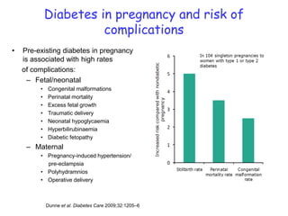 Diabetes in pregnancy and risk of
complications
• Pre-existing diabetes in pregnancy
is associated with high rates
of complications:
– Fetal/neonatal
• Congenital malformations
• Perinatal mortality
• Excess fetal growth
• Traumatic delivery
• Neonatal hypoglycaemia
• Hyperbilirubinaemia
• Diabetic fetopathy
– Maternal
• Pregnancy-induced hypertension/
pre-eclampsia
• Polyhydramnios
• Operative delivery
Dunne et al. Diabetes Care 2009;32:1205–6
 