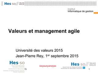 Institut
Informatique de gestion
Valeurs et management agile
Université des valeurs 2015
Jean-Pierre Rey, 1er septembre 2015
Genève, 1 sept. 2015 1
 
