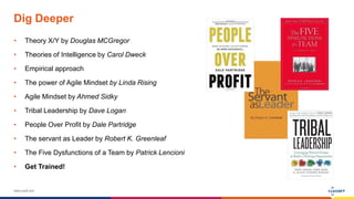 www.luxoft.com
Dig Deeper
• Theory X/Y by Douglas MCGregor
• Theories of Intelligence by Carol Dweck
• Empirical approach
• The power of Agile Mindset by Linda Rising
• Agile Mindset by Ahmed Sidky
• Tribal Leadership by Dave Logan
• People Over Profit by Dale Partridge
• The servant as Leader by Robert K. Greenleaf
• The Five Dysfunctions of a Team by Patrick Lencioni
• Get Trained!
 