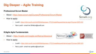 www.luxoft.com
Dig Deeper – Agile Training
Professional Scrum Master
• About - https://www.scrum.org/Courses/Professional-Scrum-Master
• How to apply:
• Luxoft - https://inthr.luxoft.com/IntHRWebApp/aspx_PTC/CreateRequestInternal.aspx?Course=SDP-033
• Non-Luxoft – email me SPetkov@luxoft.com
ICAgile Agile Fundamentals
• About – https://icagile.com/icagile-certified-professional
• How to apply:
• Luxoft – https://inthr.luxoft.com/IntHRWebApp/aspx_PTC/CreateRequestInternal.aspx?Course=SDP-031
• Non-Luxoft – email me spetkov@luxoft.com
 