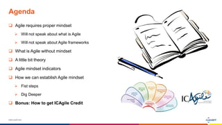 www.luxoft.com
Agenda
 Agile requires proper mindset
 Will not speak about what is Agile
 Will not speak about Agile frameworks
 What is Agile without mindset
 A little bit theory
 Agile mindset indicators
 How we can establish Agile mindset
 Fist steps
 Dig Deeper
 Bonus: How to get ICAgile Credit
 
