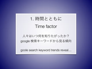 1. rgȤȤ
Time factor
ˡϤĺΤ֪ꤿä
google ``ɤҊA
goole search keyword trends reveal
 