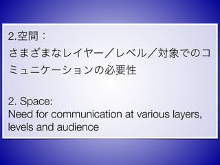 2.g?
ޤޤʥ쥤`٥룯ǤΥ
ߥ˥`αҪ?
2. Space:?
Need for communication at various layers,
levels and audience
 
