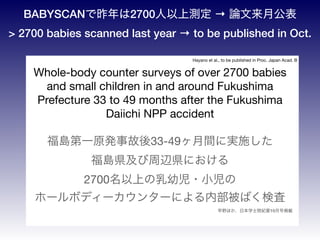 Whole-body counter surveys of over 2700 babies
and small children in and around Fukushima
Prefecture 33 to 49 months after the Fukushima
Daiichi NPP accident 

uһԭk¹33-49gˌgʩ?
uhxhˤ?
2700Ϥ׃?С

۩`ܥǥ`󥿩`ˤڲФʖ
Hayano et al., to be published in Proc. Japan Acad. B
ҰۤձѧʿԺoҪ10ºŒd
BABYSCAN2700Ϝy  Փ¹
> 2700 babies scanned last year  to be published in Oct.
 