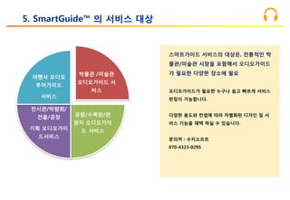 5. SmartGuide™ 의 서비스 대상
박물관 /미술관
오디오가이드 서
비스
공원/수목원/관
광지 오디오가이
드 서비스
전시관/박람회/
건물/공장
기획 오디오가이
드서비스
여행사 오디오
투어가이드
서비스
스마트가이드 서비스의 대상은, 전통적인 박
물관/미술관 시장을 포함해서 오디오가이드
가 필요한 다양한 장소에 필요
오디오가이드가 필요한 누구나 쉽고 빠르게 서비스
런칭이 가능합니다.
다양한 용도와 컨셉에 따라 차별화된 디자인 및 서
비스 기능을 채택 하실 수 있습니다.
문의처 : 수지소프트
070-4323-0295
 