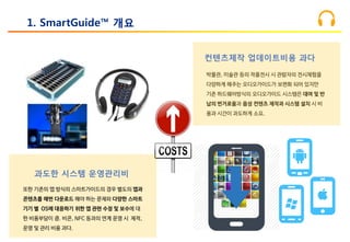 1. SmartGuide™ 개요
박물관, 미술관 등의 작품전시 시 관람자의 전시체험을
다양하게 해주는 오디오가이드가 보편화 되어 있지만
기존 하드웨어방식의 오디오가이드 시스템은 대여 및 반
납의 번거로움과 음성 컨텐츠 제작과 시스템 설치 시 비
용과 시간이 과도하게 소요.
또한 기존의 앱 방식의 스마트가이드의 경우 별도의 앱과
콘텐츠를 매번 다운로드 해야 하는 문제와 다양한 스마트
기기 별 OS에 대응하기 위한 앱 관련 수정 및 보수에 대
한 비용부담이 큼. 비콘, NFC 등과의 연계 운영 시 제작,
운영 및 관리 비용 과다.
과도한 시스템 운영관리비
컨텐츠제작 업데이트비용 과다
 