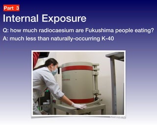 Internal Exposure 
Q: how much radiocaesium are Fukushima people eating?
A: much less than naturally-occurring K-40
Part 3
©hayano
 