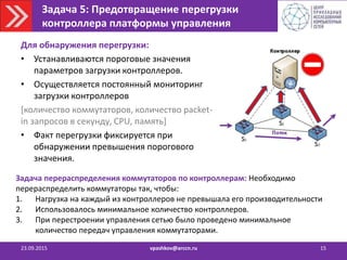 Задача 5: Предотвращение перегрузки
контроллера платформы управления
23.09.2015 vpashkov@arccn.ru 15
Для обнаружения перегрузки:
• Устанавливаются пороговые значения
параметров загрузки контроллеров.
• Осуществляется постоянный мониторинг
загрузки контроллеров
[количество коммутаторов, количество packet-
in запросов в секунду, CPU, память]
• Факт перегрузки фиксируется при
обнаружении превышения порогового
значения.
Задача перераспределения коммутаторов по контроллерам: Необходимо
перераспределить коммутаторы так, чтобы:
1. Нагрузка на каждый из контроллеров не превышала его производительности
2. Использовалось минимальное количество контроллеров.
3. При перестроении управления сетью было проведено минимальное
количество передач управления коммутаторами.
 