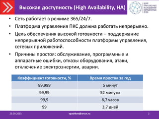 Высокая доступность (High Availability, HA)
23.09.2015 vpashkov@arccn.ru 2
• Сеть работает в режиме 365/24/7.
• Платформа управления ПКС должна работать непрерывно.
• Цель обеспечения высокой готовности – поддержание
непрерывной работоспособности платформы управления,
сетевых приложений.
• Причины простоя: обслуживание, программные и
аппаратные ошибки, отказы оборудования, атаки,
отключение электроэнергии, аварии.
Коэффициент готовности, % Время простоя за год
99,999 5 минут
99,99 52 минуты
99,9 8,7 часов
99 3,7 дней
 