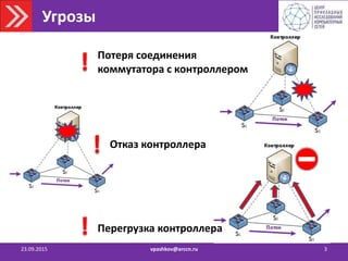Угрозы
23.09.2015 vpashkov@arccn.ru 3
Отказ контроллера
Перегрузка контроллера
Потеря соединения
коммутатора с контроллером
 