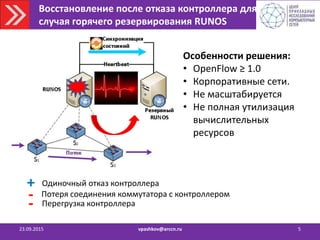 Восстановление после отказа контроллера для
случая горячего резервирования RUNOS
23.09.2015 vpashkov@arccn.ru 5
Особенности решения:
• OpenFlow ≥ 1.0
• Корпоративные сети.
• Не масштабируется
• Не полная утилизация
вычислительных
ресурсов
Одиночный отказ контроллера+
- Потеря соединения коммутатора с контроллером
- Перегрузка контроллера
 