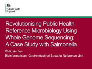 Revolutionising Public Health
Reference Microbiology Using
Whole Genome Sequencing:
A Case Study with Salmonella
Philip Ashton
Bioinformatician, Gastrointestinal Bacteria Reference Unit
 