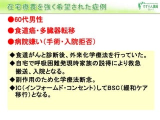 ●60代男性
●食道癌・多臓器転移
●病院嫌い（手術・入院拒否）
 