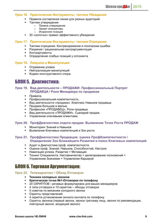 Школа проДАж 2015
Бизнес-школа ЧЕ-ЛИНК www.che-link.com 9
Урок 16. Практические Инструменты: тактики Убеждения
 Правила составления линии для разных аудиторий
 Тактики утверждения
o Прямое утверждение
o Захват инициативы
o Искренняя позиция
 30 «золотых» правил эффективного убеждения
Урок 17. Практические Инструменты: тактики Отрицания
 Тактики отрицания. Контрвозражения и логические ошибки
 Разумная / рациональная контраргументация
 Контраргументы
 Определение слабых позиций у оппонента
Урок 18. Ловушки и Манипуляции
 Отражение уловок
 Нейтрализация манипуляций
 Кодекс конструктивного спора.
БЛОК 5. Диагностика:
Урок 19. Вид деятельности – ПРОДАЖИ: Профессиональный Портрет
ПРОДАВЦА / Роли Менеджера по продажам
 Правила.
 Профессиональная компетентность.
 Вид деятельности «продажи». Комплекс Навыков продавца.
 Продажи большие и малые.
 Профессия «ПРОДАВЕЦ». Роли продавца.
 Вид деятельности «ПРОДАЖИ». Сценарий продаж.
 Управление ключевыми клиентами.
Урок 20. ПрофДиагностика отдела продаж: Выявление Точек Роста ПРОДАЖ
 Мониторинг Знаний и Навыков
 Выявление Ключевых компетенций и Зон роста
Урок 21. ПрофДиагностика Продавцов: оценка ПрофКомпетентности /
Определение Зон Ближайшего Развития и поиск Ключевых компетенций
 Аудит и Диагностика проф. компетентности.
 Оценка проф. Знаний, Навыков, Способностей, Настроя
 Навигация успеха. Развитие + Мотивация
 Тюнинг Специалиста. Наставничество + делегирование полномочий +
Управление Знаниями + Управление Карьерой
БЛОК 6. Торговая Аргументация:
Урок 22. Телемаркетинг / Обход Отговорок
 Техники холодных звонков
 Критическая точка №1-Отговорки по телефону
 20 СКРИПТОВ - речевых формулировок для ваших менеджеров
 4 типа отговорок и 10 скриптов – обходы отговорок
 5 советов по механике холодного звонка
 Скрипты представлений
 4 скрипта установления личного контакта по телефону
 Скрипты звонков (первый звонок, звонок третьему лицу, звонок по рекомендации,
повторный звонок, входящий звонок)
 