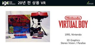 20년 전 상용 VR
1995, Nintendo
3D Graphics
Stereo Vision / Parallax
 