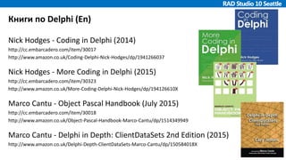 Книги по Delphi (En)
Nick Hodges - Coding in Delphi (2014)
http://cc.embarcadero.com/item/30017
http://www.amazon.co.uk/Coding-Delphi-Nick-Hodges/dp/1941266037
Nick Hodges - More Coding in Delphi (2015)
http://cc.embarcadero.com/item/30323
http://www.amazon.co.uk/More-Coding-Delphi-Nick-Hodges/dp/194126610X
Marco Cantu - Object Pascal Handbook (July 2015)
http://cc.embarcadero.com/item/30018
http://www.amazon.co.uk/Object-Pascal-Handbook-Marco-Cantu/dp/1514349949
Marco Cantu - Delphi in Depth: ClientDataSets 2nd Edition (2015)
http://www.amazon.co.uk/Delphi-Depth-ClientDataSets-Marco-Cantu/dp/150584018X
 