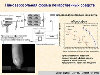 Наноаэрозольная форма лекарственных средств
При измерении эффективности
осаждения тело животного
изолировано от потока наночастиц
Установка для ингаляции наночастиц
10
-9
10
-8
10
-7
10
-6
10
-5
10
-4
10
-3
10
-2
10
-1
10
0
10
1
10
2
10
3
0.0
0.2
0.4
0.6
0.8
1.0
1.2
1.4
1.6
1.8
24 nm
32 nm
85 nm
Анальгетическийэффект
Доза, осажденная в легких (мг на кг живого веса)
37 nm
25 nm
93 nm
77 nm
аэрозоль
оральное введение
ибупрофен
При аэрозольном введении
лекарственный эффект на пять
порядков выше, чем при
традиционном оральном введении
ИХКГ, НИОХ, ИХТТМ, ИТПМ СО РАН
 