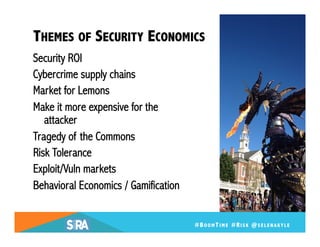 THEMES OF SECURITY ECONOMICS
Security ROI
Cybercrime supply chains
Market for Lemons
Make it more expensive for the
attack...