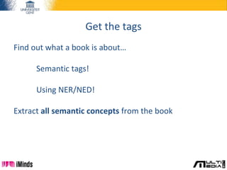 Get the tags
Find out what a book is about…
Semantic tags!
Using NER/NED!
Extract all semantic concepts from the book
 