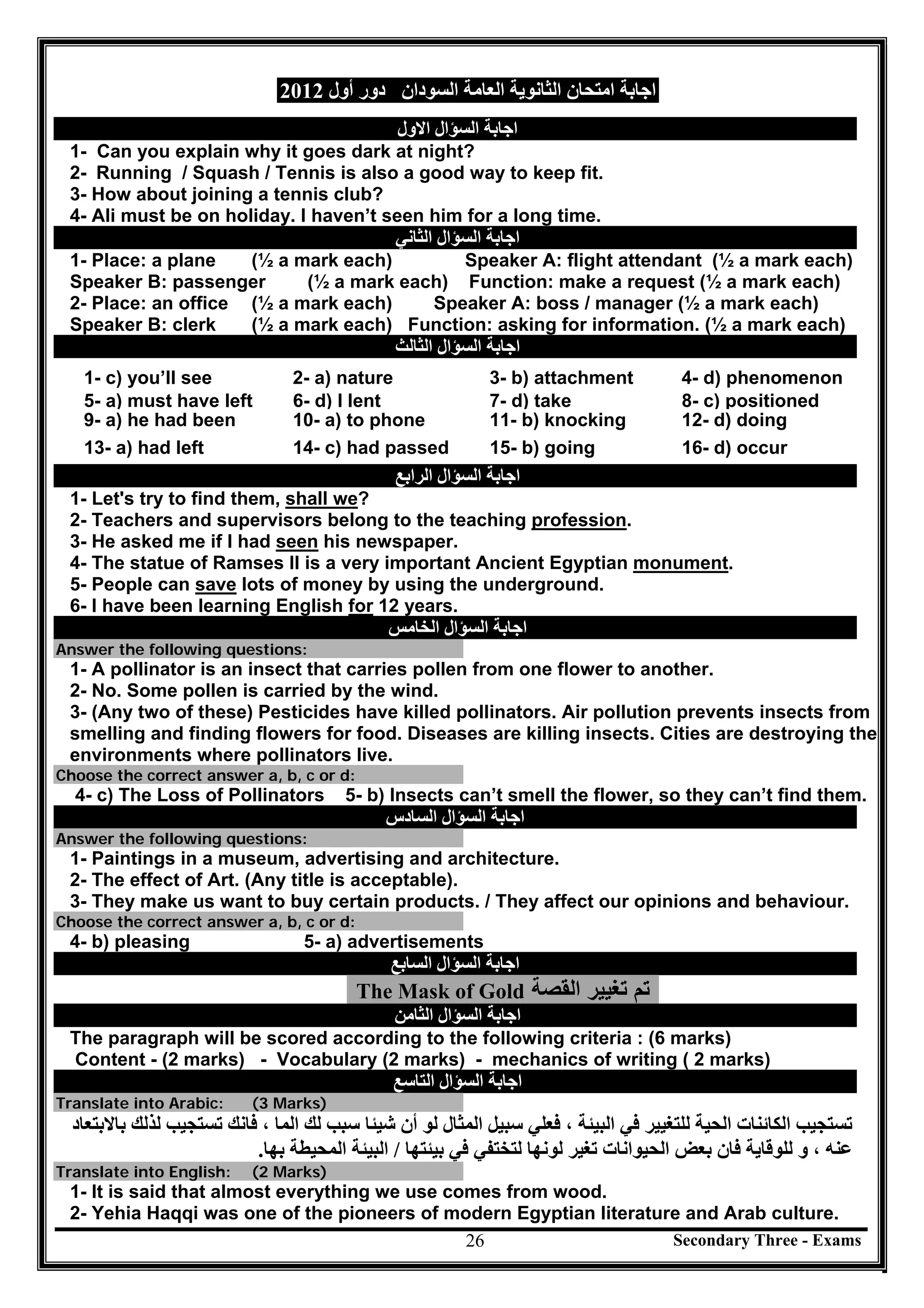 Secondary Three - Exams26
‫اﻟﻌﺎﻣﺔ‬ ‫اﻟﺜﺎﻧﻮﯾﺔ‬ ‫اﻣﺘﺤﺎن‬ ‫اﺟﺎﺑﺔ‬‫اﻟﺴﻮدان‬‫أول‬ ‫دور‬2012
‫اﻟﺴﺆال‬ ‫اﺟﺎﺑﺔ‬‫اﻻول‬
1- Can you explain why it goes dark at night?
2- Running / Squash / Tennis is also a good way to keep fit.
3- How about joining a tennis club?
4- Ali must be on holiday. I haven’t seen him for a long time.
‫اﻟﺴﺆال‬ ‫اﺟﺎﺑﺔ‬‫اﻟﺜﺎﻧﻲ‬
1- Place: a plane (½ a mark each) Speaker A: flight attendant (½ a mark each)
Speaker B: passenger (½ a mark each) Function: make a request (½ a mark each)
2- Place: an office (½ a mark each) Speaker A: boss / manager (½ a mark each)
Speaker B: clerk (½ a mark each) Function: asking for information. (½ a mark each)
‫اﻟﺴﺆال‬ ‫اﺟﺎﺑﺔ‬‫اﻟﺜﺎﻟﺚ‬
1- c) you’ll see 2- a) nature 3- b) attachment 4- d) phenomenon
5- a) must have left 6- d) I lent 7- d) take 8- c) positioned
9- a) he had been 10- a) to phone 11- b) knocking 12- d) doing
13- a) had left 14- c) had passed 15- b) going 16- d) occur
‫اﻟﺴﺆال‬ ‫اﺟﺎﺑﺔ‬‫اﻟﺮاﺑﻊ‬
1- Let's try to find them, shall we?
2- Teachers and supervisors belong to the teaching profession.
3- He asked me if I had seen his newspaper.
4- The statue of Ramses II is a very important Ancient Egyptian monument.
5- People can save lots of money by using the underground.
6- I have been learning English for 12 years.
‫اﻟﺴﺆال‬ ‫اﺟﺎﺑﺔ‬‫اﻟﺨﺎﻣﺲ‬
Answer the following questions:
1- A pollinator is an insect that carries pollen from one flower to another.
2- No. Some pollen is carried by the wind.
3- (Any two of these) Pesticides have killed pollinators. Air pollution prevents insects from
smelling and finding flowers for food. Diseases are killing insects. Cities are destroying the
environments where pollinators live.
Choose the correct answer a, b, c or d:
4- c) The Loss of Pollinators 5- b) Insects can’t smell the flower, so they can’t find them.
‫اﻟﺴﺆال‬ ‫اﺟﺎﺑﺔ‬‫اﻟﺴﺎدس‬
Answer the following questions:
1- Paintings in a museum, advertising and architecture.
2- The effect of Art. (Any title is acceptable).
3- They make us want to buy certain products. / They affect our opinions and behaviour.
Choose the correct answer a, b, c or d:
4- b) pleasing 5- a) advertisements
‫اﻟﺴﺆال‬ ‫اﺟﺎﺑﺔ‬‫اﻟﺴﺎﺑﻊ‬
The Mask of Gold ‫ﺍﻟﻘﺻﺔ‬ ‫ﺗﻐﻳﻳﺭ‬ ‫ﺗﻡ‬
‫اﻟﺴﺆال‬ ‫اﺟﺎﺑﺔ‬‫اﻟﺜﺎﻣﻦ‬
The paragraph will be scored according to the following criteria : (6 marks)
Content - (2 marks) - Vocabulary (2 marks) - mechanics of writing ( 2 marks)
‫اﻟﺴﺆال‬ ‫اﺟﺎﺑﺔ‬‫اﻟﺘﺎﺳﻊ‬
Translate into Arabic: (3 Marks)
‫ﺑﺎﻻ‬ ‫ﻟﺬﻟﻚ‬ ‫ﺗﺴﺘﺠﯿﺐ‬ ‫ﻓﺎﻧﻚ‬ ، ‫اﻟﻤﺎ‬ ‫ﻟﻚ‬ ‫ﺳﺒﺐ‬ ‫ﺷﯿﺌﺎ‬ ‫أن‬ ‫ﻟﻮ‬ ‫اﻟﻤﺜﺎل‬ ‫ﺳﺒﯿﻞ‬ ‫ﻓﻌﻠﻲ‬ ، ‫اﻟﺒﯿﺌﺔ‬ ‫ﻓﻲ‬ ‫ﻟﻠﺘﻐﯿﯿﺮ‬ ‫اﻟﺤﯿﺔ‬ ‫اﻟﻜﺎﺋﻨﺎت‬ ‫ﺗﺴﺘﺠﯿﺐ‬‫ﺑﺘﻌﺎد‬
‫اﻟﺤ‬ ‫ﺑﻌﺾ‬ ‫ﻓﺎن‬ ‫ﻟﻠﻮﻗﺎﯾﺔ‬ ‫و‬ ، ‫ﻋﻨﮫ‬‫ﺑﯿﺌﺘﮭﺎ‬ ‫ﻓﻲ‬ ‫ﻟﺘﺨﺘﻔﻲ‬ ‫ﻟﻮﻧﮭﺎ‬ ‫ﺗﻐﯿﺮ‬ ‫ﯿﻮاﻧﺎت‬/‫ﺑﮭﺎ‬ ‫اﻟﻤﺤﯿﻄﺔ‬ ‫اﻟﺒﯿﺌﺔ‬.
Translate into English: (2 Marks)
1- It is said that almost everything we use comes from wood.
2- Yehia Haqqi was one of the pioneers of modern Egyptian literature and Arab culture.
 