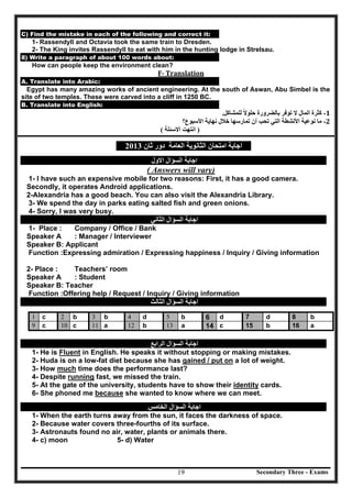 Secondary Three - Exams19
C) Find the mistake in each of the following and correct it:
1- Rassendyll and Octavia took the same train to Dresden.
2- The King invites Rassendyll to eat with him in the hunting lodge in Strelsau.
8) Write a paragraph of about 100 words about:
How can people keep the environment clean?
F‐	Translation	
A. Translate into Arabic:
Egypt has many amazing works of ancient engineering. At the south of Aswan, Abu Simbel is the
site of two temples. These were carved into a cliff in 1250 BC.
B. Translate into English:
1-‫ﻟﻠﻤﺸﺎﻛﻞ‬ ‫ﺣﻠﻮﻻ‬ ‫ﺑﺎﻟﻀﺮورة‬ ‫ﺗﻮﻓﺮ‬ ‫ﻻ‬ ‫اﻟﻤﺎل‬ ‫ﻛﺜﺮة‬ً.
‫اﻷﻧﺸﻄ‬ ‫ﻧﻮﻋﯿﺔ‬ ‫ﻣﺎ‬‫اﻷﺳﺒﻮع؟‬ ‫ﻧﮭﺎﯾﺔ‬ ‫ﺧﻼل‬ ‫ﺗﻤﺎرﺳﮭﺎ‬ ‫أن‬ ‫ﺗﺤﺐ‬ ‫اﻟﺘﻲ‬ ‫ﺔ‬ 2-
)‫اﻧﺘﮭﺖ‬‫اﻻﺳﺌﻠﺔ‬( 	
‫اﻟﻌﺎﻣﺔ‬ ‫اﻟﺜﺎﻧﻮﯾﺔ‬ ‫اﻣﺘﺤﺎن‬ ‫اﺟﺎﺑﺔ‬‫دور‬‫ﺛﺎن‬2013
‫اﻟﺴﺆال‬ ‫اﺟﺎﺑﺔ‬‫اﻻول‬
( Answers will vary)
1- I have such an expensive mobile for two reasons: First, it has a good camera.
Secondly, it operates Android applications.
2-Alexandria has a good beach. You can also visit the Alexandria Library.
3- We spend the day in parks eating salted fish and green onions.
4- Sorry, I was very busy.
‫اﻟﺴﺆال‬ ‫اﺟﺎﺑﺔ‬‫اﻟﺜﺎﻧﻲ‬
1- Place : Company / Office / Bank
Speaker A : Manager / Interviewer
Speaker B: Applicant
Function :Expressing admiration / Expressing happiness / Inquiry / Giving information
2- Place : Teachers’ room
Speaker A : Student
Speaker B: Teacher
Function :Offering help / Request / Inquiry / Giving information
‫اﻟﺴﺆال‬ ‫اﺟﺎﺑﺔ‬‫اﻟﺜﺎﻟﺚ‬
1 c 2 b 3 b 4 d 5 b 6 d 7 d 8 b
9 c 10 c 11 a 12 b 13 a 14 c 15 b 16 a
‫اﻟﺴﺆال‬ ‫اﺟﺎﺑﺔ‬‫اﻟﺮاﺑﻊ‬
1- He is Fluent in English. He speaks it without stopping or making mistakes.
2- Huda is on a low-fat diet because she has gained / put on a lot of weight.
3- How much time does the performance last?
4- Despite running fast, we missed the train.
5- At the gate of the university, students have to show their identity cards.
6- She phoned me because she wanted to know where we can meet.
‫اﺟﺎﺑﺔ‬‫اﻟﺴﺆال‬‫اﻟﺨﺎﻣﺲ‬
1- When the earth turns away from the sun, it faces the darkness of space.
2- Because water covers three-fourths of its surface.
3- Astronauts found no air, water, plants or animals there.
4- c) moon 5- d) Water
 