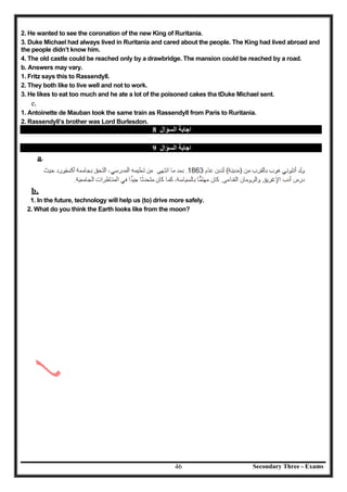 Secondary Three - Exams46
2. He wanted to see the coronation of the new King of Ruritania.
3. Duke Michael had always lived in Ruritania and cared about the people. The King had lived abroad and
the people didn’t know him.
4. The old castle could be reached only by a drawbridge. The mansion could be reached by a road.
b. Answers may vary.
1. Fritz says this to Rassendyll.
2. They both like to live well and not to work.
3. He likes to eat too much and he ate a lot of the poisoned cakes tha tDuke Michael sent.
c.
1. Antoinette de Mauban took the same train as Rassendyll from Paris to Ruritania.
2. Rassendyll’s brother was Lord Burlesdon.
‫اﻟﺴﺆال‬ ‫اﺟﺎﺑﺔ‬8
‫اﻟﺴﺆال‬ ‫اﺟﺎﺑﺔ‬9
a.
b.
1. In the future, technology will help us (to) drive more safely.
2. What do you think the Earth looks like from the moon?
 