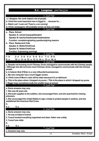 Secondary Three - Exams65
‫رﻗﻢ‬5 Longman ‫أﻣﺘﺤﺎن‬ ‫اﺟﺎﺑﺔ‬ ‫ﻧﻤﻮذج‬
‫اﻟﺴﺆال‬ ‫اﺟﺎﺑﺔ‬1
a. I disagree. Her work helped a lot of people.
b. I think the most important man in Egypt is … because he …
c. Watch out! / Look out! There’s a car coming!
d. I think newspapers will probably remain as they are today.
‫اﻟﺴﺆال‬ ‫اﺟﺎﺑﺔ‬2
a. Place: School
Speaker A: school boy/pupil/student
Speaker B: teacher/headmaster/headmistress
Function: complaining/asking questions/giving reasons
b. Place: Restaurant/ Cafe
Speaker A: Waiter/Chef/Cook
Speaker B: Waiter/Chef/Cook
Function: Expressing warnings
‫اﻟﺴﺆال‬ ‫اﺟﺎﺑﺔ‬3
1 - b 2 - a 3 - d 4 - a 5 - d 6 - c 7 - a 8 - b
9 - a 10 - c 11 - b 12 - a 13 - b 14 - c 15 - a 16 - b
‫اﻟﺴﺆال‬ ‫اﺟﺎﺑﺔ‬4
a. Despite not knowing much Chinese, Eman managed to communicate with the Chinese people.
/ Although she did not know much Chinese, Eman managed to communicate with the Chinese
people.
b. In Ireland, Bob O’Brien is a very influential businessman.
c. My new computer has a much bigger screen.
d. I think most of Mum’s cake will be eaten because it’s so delicious!
e. This is the place where I dropped my purse. / This is the place in which I dropped my purse.
f. Bigger boys sometimes bully the smaller boys at school.
‫اﻟﺴﺆال‬ ‫اﺟﺎﺑﺔ‬5
a. Some answers may vary.
1. She was 40 years old.
2. She took supplies to the soldiers, she encouraged them, and she searched for missing
prisoners.
3. She encouraged the United States to sign a treaty to protect people in wartime, and she
established the American Red Cross.
b.
4. c 5. a
‫اﻟﺴﺆال‬ ‫اﺟﺎﺑﺔ‬6
a. Some answers may vary.
1. He was at Adam's funeral.
2. Yussuf wanted everything organised and clean. Adam was untidy.
3. Yussuf was older.
b.
4. b 5. c
‫اﺟ‬‫اﻟﺴﺆال‬ ‫ﺎﺑﺔ‬7
a. Answers may vary.
 