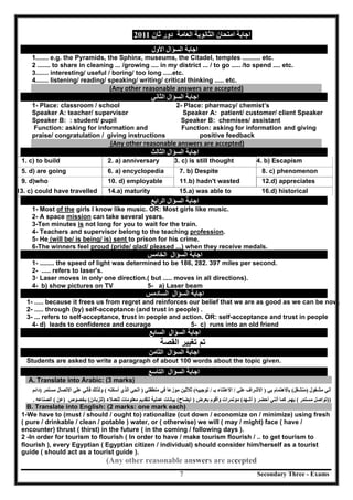 Secondary Three - Exams7
‫اﻟﻌﺎﻣﺔ‬ ‫اﻟﺜﺎﻧﻮﯾﺔ‬ ‫اﻣﺘﺤﺎن‬ ‫اﺟﺎﺑﺔ‬‫ﺛﺎن‬ ‫دور‬2011
‫ا‬ ‫اﻟﺴﺆال‬ ‫اﺟﺎﺑﺔ‬‫ﻷول‬
1....... e.g. the Pyramids, the Sphinx, museums, the Citadel, temples .......... etc.
2 ....... to share in cleaning ... /growing .... in my district ... / to go ..... /to spend .... etc.
3....... interesting/ useful / boring/ too long .....etc.
4....... listening/ reading/ speaking/ writing/ critical thinking ..... etc.
(Any other reasonable answers are accepted) 
‫اﻟﺴﺆال‬ ‫اﺟﺎﺑﺔ‬‫اﻟﺜﺎﻧﻲ‬
1- Place: classroom / school 2- Place: pharmacy/ chemist’s
Speaker A: teacher/ supervisor Speaker A: patient/ customer/ client Speaker
Speaker B: : student/ pupil Speaker B: chemises/ assistant
Function: asking for information and Function: asking for information and giving
praise/ congratulation / giving instructions positive feedback
 (Any other reasonable answers are accepted) 
‫اﻟﺴﺆال‬ ‫اﺟﺎﺑﺔ‬‫اﻟﺜﺎﻟﺚ‬
1. c) to build 2. a) anniversary 3. c) is still thought 4. b) Escapism
5. d) are going 6. a) encyclopedia 7. b) Despite 8. c) phenomenon
9. d)who 10. d) employable 11.b) hadn't wasted 12.d) appreciates
13. c) could have travelled 14.a) maturity 15.a) was able to 16.d) historical
‫اﻟﺴﺆال‬ ‫اﺟﺎﺑﺔ‬‫اﻟﺮاﺑﻊ‬
1- Most of the girls I know like music. OR: Most girls like music.
2- A space mission can take several years.
3-Ten minutes is not long for you to wait for the train.
4- Teachers and supervisor belong to the teaching profession.
5- He (will be/ is being/ is) sent to prison for his crime.
6-The winners feel proud (pride/ glad/ pleased ...) when they receive medals.
‫اﻟﺴﺆال‬ ‫اﺟﺎﺑﺔ‬‫اﻟﺨﺎﻣﺲ‬
1- ........ the speed of light was determined to be 186, 282. 397 miles per second.
2- ..... refers to laser's.
3· Laser moves in only one direction.( but ..... moves in all directions).
4- b) show pictures on TV 5- a) Laser beam
‫اﻟﺴﺆال‬ ‫اﺟﺎﺑﺔ‬‫اﻟﺴﺎدﻣﺲ‬
1- ..... because it frees us from regret and reinforces our belief that we are as good as we can be now.
2- ..... through (by) self-acceptance (and trust in people) .
3- ... refers to self-acceptance, trust in people and action. OR: self-acceptance and trust in people
4- d) leads to confidence and courage 5- c) runs into an old friend
‫اﻟﺴﺆال‬ ‫اﺟﺎﺑﺔ‬‫اﻟﺴﺎﺑﻊ‬
‫ﺍﻟﻘﺻﺔ‬ ‫ﺗﻐﻳﻳﺭ‬ ‫ﺗﻡ‬
‫اﻟﺴﺆال‬ ‫اﺟﺎﺑﺔ‬‫اﻟﺜﺎﻣﻦ‬
Students are asked to write a paragraph of about 100 words about the topic given.
‫اﻟﺴﺆال‬ ‫اﺟﺎﺑﺔ‬‫اﻟﺘﺎﺳﻊ‬
A. Translate into Arabic: (3 marks)
‫ﻣﺸﻐﻮل‬ ‫أﻧﻲ‬)‫ﻣﻨﺸﻐﻞ‬(‫ﺑﺎﻻھ‬‫ﺘ‬‫ﺑﻲ‬ ‫ﻤﺎم‬)‫ﻋﻠﻲ‬ ‫اﻻﺷﺮاف‬/‫اﻻﻋﺘﻨﺎء‬‫ﺑ‬‫ـ‬/‫ﺗﻮﺟﯿﯿﮫ‬(‫ﻣﻨﻄﻘﺘﻲ‬ ‫ﻓﻲ‬ ‫ﻣﻮزﻋﺎ‬ ‫ﺛﻼﺛﯿﻦ‬)‫أﺳﻜﻨﮫ‬ ‫اﻟﺬي‬ ‫اﻟﺤﻲ‬(‫ﻣﺴﺘﻤﺮ‬ ‫اﻻﺗﺼﺎل‬ ‫ﻋﻠﻲ‬ ‫ﻓﺄﻧﻲ‬ ‫وﻟﺬﻟﻚ‬)‫داﺋﻢ‬
))‫ﻣﺴﺘﻤﺮ‬ ‫ﺗﻮاﺻﻞ‬(‫ﺑﮭﻢ‬.‫أﺣﻀﺮ‬ ‫أﻧﻨﻲ‬ ‫ﻛﻤﺎ‬)‫أﺷﮭﺪ‬(‫ﺑﻌﺮض‬ ‫وأﻗﻮم‬ ‫ﻣﻮﺗﻤﺮات‬)‫اﯾﻀﺎح‬(‫ﻟﻠﻌﻤﻼء‬ ‫ﻣﻌﻠﻮﻣﺎت‬ ‫ﻟﺘﻘﺪﯾﻢ‬ ‫ﻋﻤﻠﯿﺔ‬ ‫ﺑﯿﺎﻧﺎت‬)‫ﻟﻠﺰﺑﺎﺋﻦ‬(‫ﺑﺨﺼﻮص‬)‫ﻋﻦ‬(‫اﻟﺼﻨﺎﻋﮫ‬.
B. Translate into English: (2 marks: one mark each)
1-We have to (must / should / ought to) rationalize (cut down / economize on / minimize) using fresh
( pure / drinkable / clean / potable ) water, or ( otherwise) we will ( may / might) face ( have /
encounter) thrust ( thirst) in the future ( in the coming / following days ).
2 -In order for tourism to flourish ( In order to have / make tourism flourish / .. to get tourism to
flourish ), every Egyptian ( Egyptian citizen / individual) should consider him/herself as a tourist
guide ( should act as a tourist guide ).
(Any other reasonable answers are accepted
 