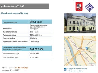 Жилой дом, начала XIX века
ул.Таганская, д.7, ЦАО
Общая площадь 907,1 кв.м
Этажность
Двухэтажное кирпичное
здание с подвалом и
мансардой
Высота потолков 3,09 – 3,35
Процент износа 46 % на 2012 г.
Год постройки 1900 год
Функциональное назначение Свободное
Начальный размер годовой
арендной платы (руб.) 104 612 000
Размер задатка, руб. 52 306 000
Шаг аукциона, руб. 5 230 600
«Марксистская» - 190 м
«Таганская» - 410 м
Прием заявок: по 30 октября
Аукцион: 03.11.2015
 