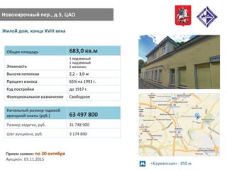 Жилой дом, конца XVIII века
Новокирочный пер., д.5, ЦАО
Общая площадь 683,0 кв.м
Этажность
1 подземный
1 надземный
1 мезонин
Высота потолков 2,2 – 3,0 м
Процент износа 65% на 1993 г.
Год постройки до 1917 г.
Функциональное назначение Свободное
Начальный размер годовой
арендной платы (руб.) 63 497 800
Размер задатка, руб. 31 748 900
Шаг аукциона, руб. 3 174 890
Прием заявок: по 30 октября
Аукцион: 03.11.2015
«Бауманская» - 850 м
 
