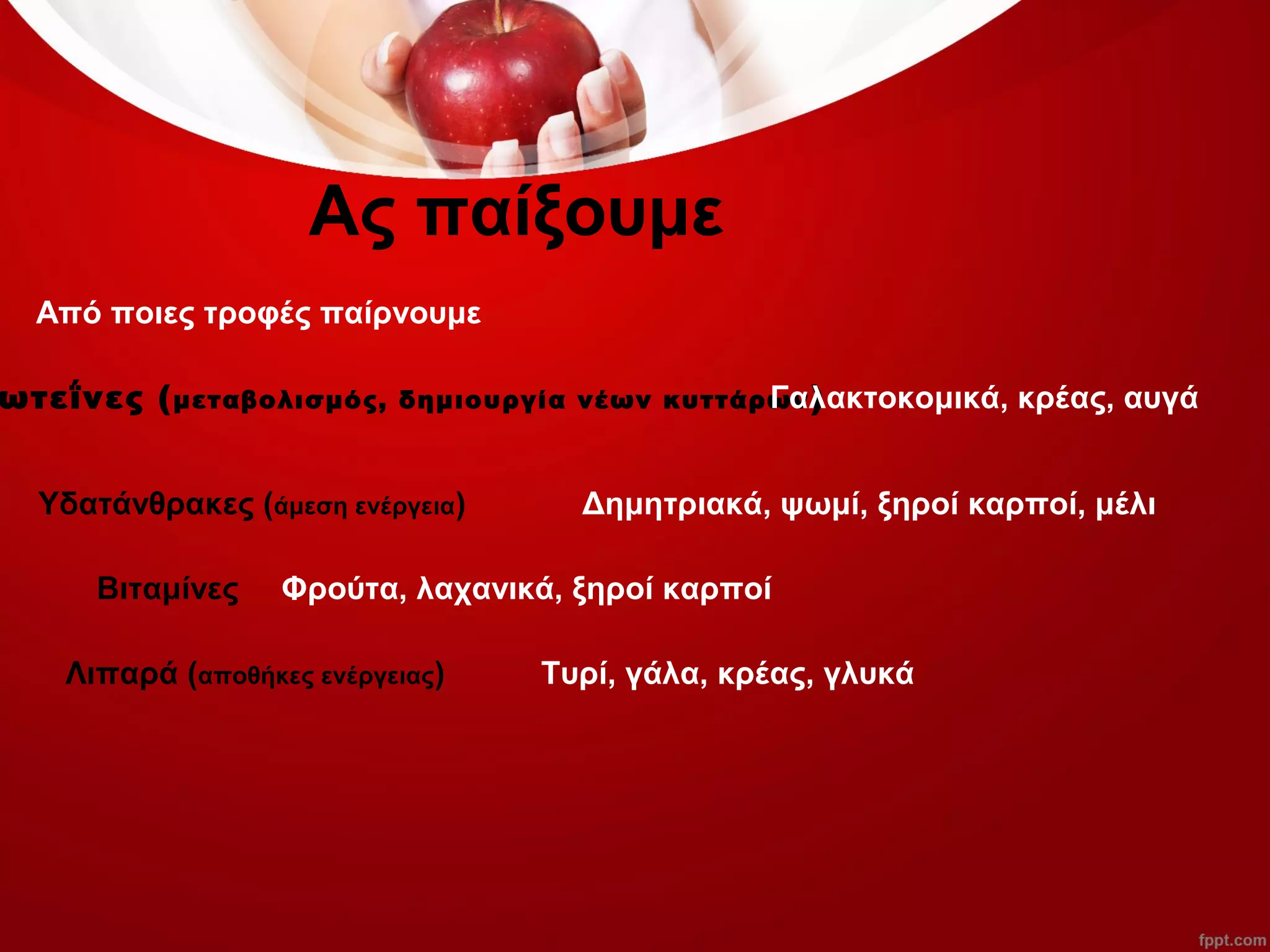 Ας παίξουμε
Από ποιες τροφές παίρνουμε
ωτεΐνες (μεταβολισμός, δημιουργία νέων κυττάρων)
Υδατάνθρακες (άμεση ενέργεια)
Βιταμίνες
Λιπαρά (αποθήκες ενέργειας)
Γαλακτοκομικά, κρέας, αυγά
Δημητριακά, ψωμί, ξηροί καρποί, μέλι
Φρούτα, λαχανικά, ξηροί καρποί
Τυρί, γάλα, κρέας, γλυκά
 