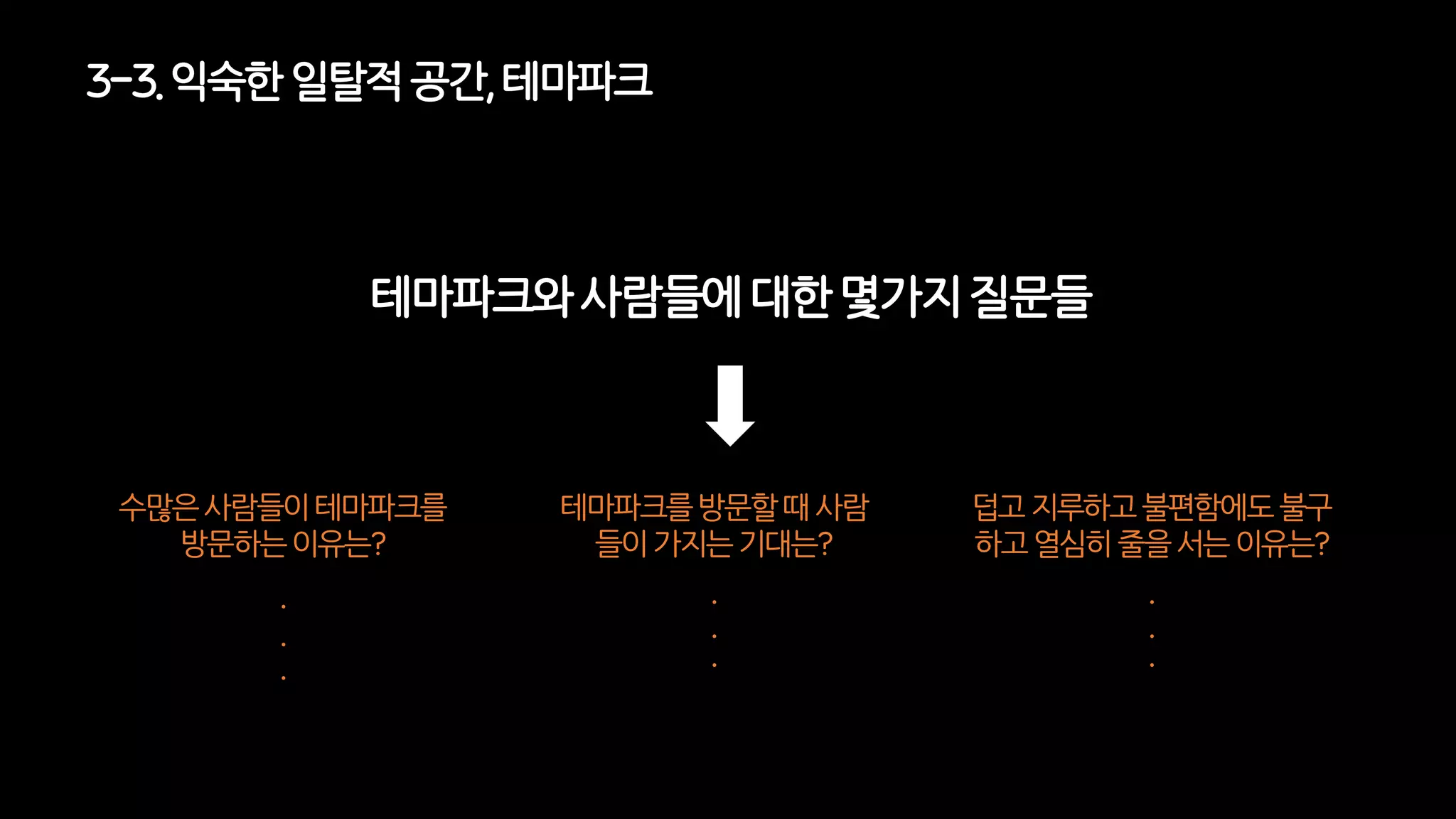 테마파크와 사람들에 대한 몇가지 질문들
3-3. 익숙한일탈적공간, 테마파크
수많은사람들이테마파크를
방문하는이유는?
.
.
.
덥고지루하고불편함에도불구
하고열심히줄을서는이유는?
.
.
.
테마파크를방문할때사람
들이가지는기대는?
.
.
.
 