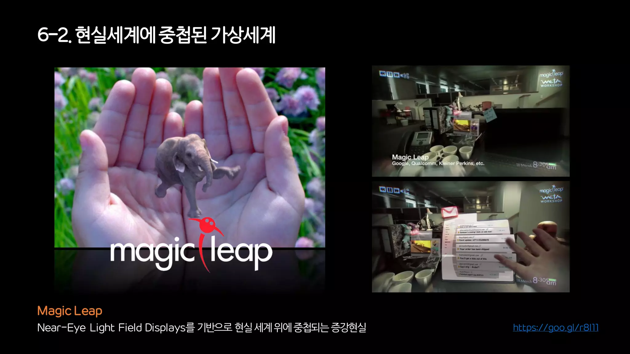 Near-Eye Light Field Displays를기반으로현실세계위에중첩되는증강현실
Magic Leap
6-2. 현실세계에중첩된가상세계
https://goo.gl/r8I11
 