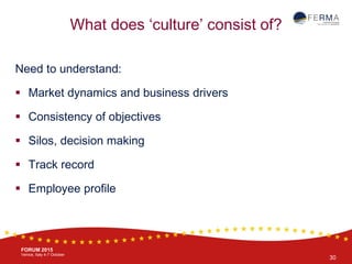 BRUSSELS, 20-21 October
www.ferma.eu
FORUM 2015
Venice, Italy 4-7 October
Need to understand:
 Market dynamics and business drivers
 Consistency of objectives
 Silos, decision making
 Track record
 Employee profile
What does ‘culture’ consist of?
30
 