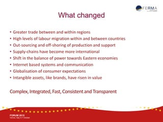 BRUSSELS, 20-21 October
www.ferma.eu
FORUM 2015
Venice, Italy 4-7 October
What changed
• Greater trade between and within regions
• High levels of labour migration within and between countries
• Out-sourcing and off-shoring of production and support
• Supply-chains have become more international
• Shift in the balance of power towards Eastern economies
• Internet based systems and communication
• Globalisation of consumer expectations
• Intangible assets, like brands, have risen in value
Complex,Integrated,Fast,ConsistentandTransparent
 