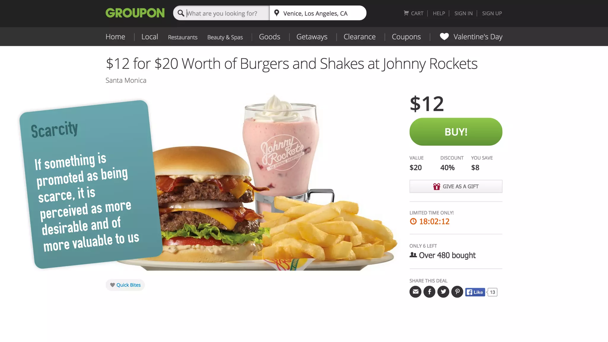 Scarcity
If something is
promoted as being
scarce, it is
perceived as more
desirable and of
more valuable to us
 