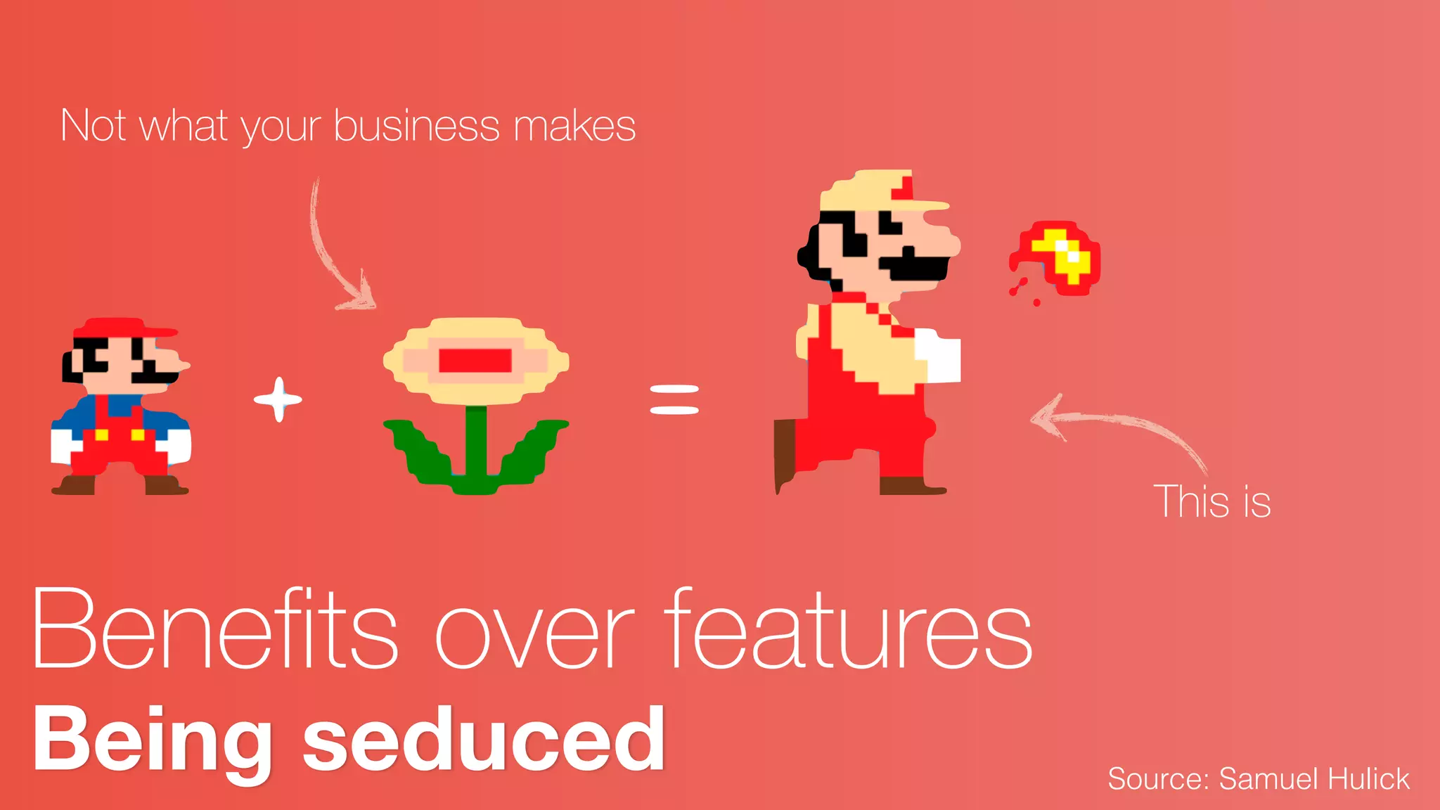 Source: Samuel Hulick
Being seduced
Not what your business makes
This is
Beneﬁts over features
 