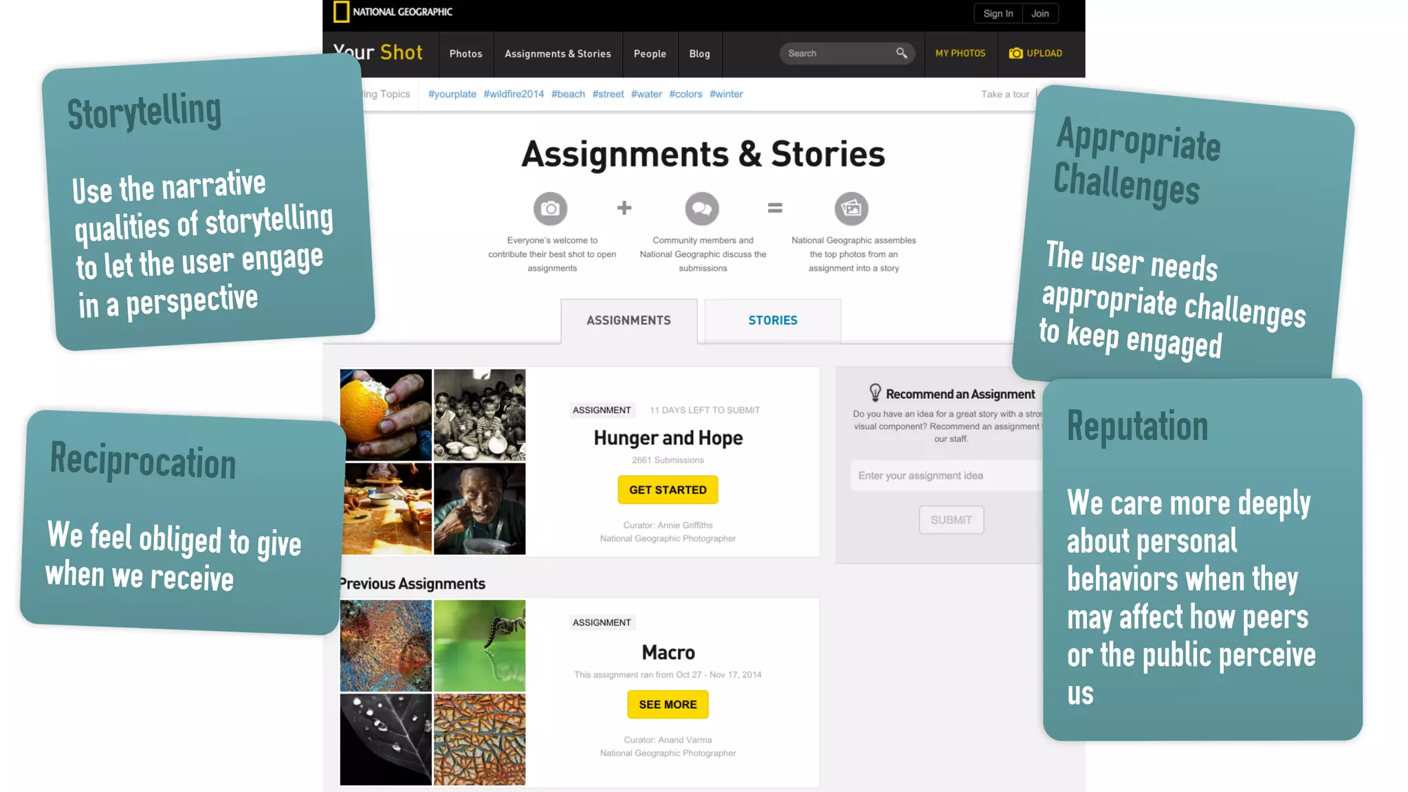 Storytelling
Use the narrative
qualities of storytelling
to let the user engage
in a perspective
Appropriate
Challenges
The user needs
appropriate challengesto keep engaged
Reputation
We care more deeply
about personal
behaviors when they
may affect how peers
or the public perceive
us
Reciprocation
We feel obliged to give
when we receive
 