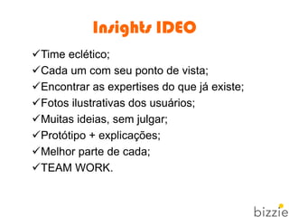 Insights IDEO
Time eclético;
Cada um com seu ponto de vista;
Encontrar as expertises do que já existe;
Fotos ilustrativas dos usuários;
Muitas ideias, sem julgar;
Protótipo + explicações;
Melhor parte de cada;
TEAM WORK.
 