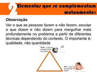 Observação
Ver o que as pessoas fazem e não fazem, escutar
o que dizem e não dizem para mergulhar mais
profundamente no problema a partir de diferentes
técnicas dependendo do contexto. O importante é:
qualidade, não quantidade
Elementos que se complementam
mutuamente:2
Ouvir – o que as
pessoas dizem
que fazem
Ver – o que
as pessoas
fazem
 