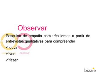 Pesquisa de empatia com três lentes a partir de
entrevistas qualitativas para compreender
 ouvir
 ver
 fazer
Observar
 